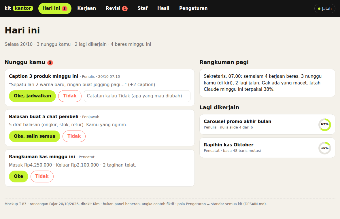 Panel Kit Kantor, menu Hari ini: daftar yang nunggu Oke/Tidak, rangkuman pagi, dan kerjaan yang lagi jalan